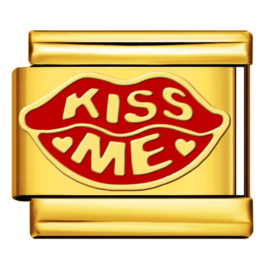 Gold charm with red lips and 'KISS ME' text on a white background