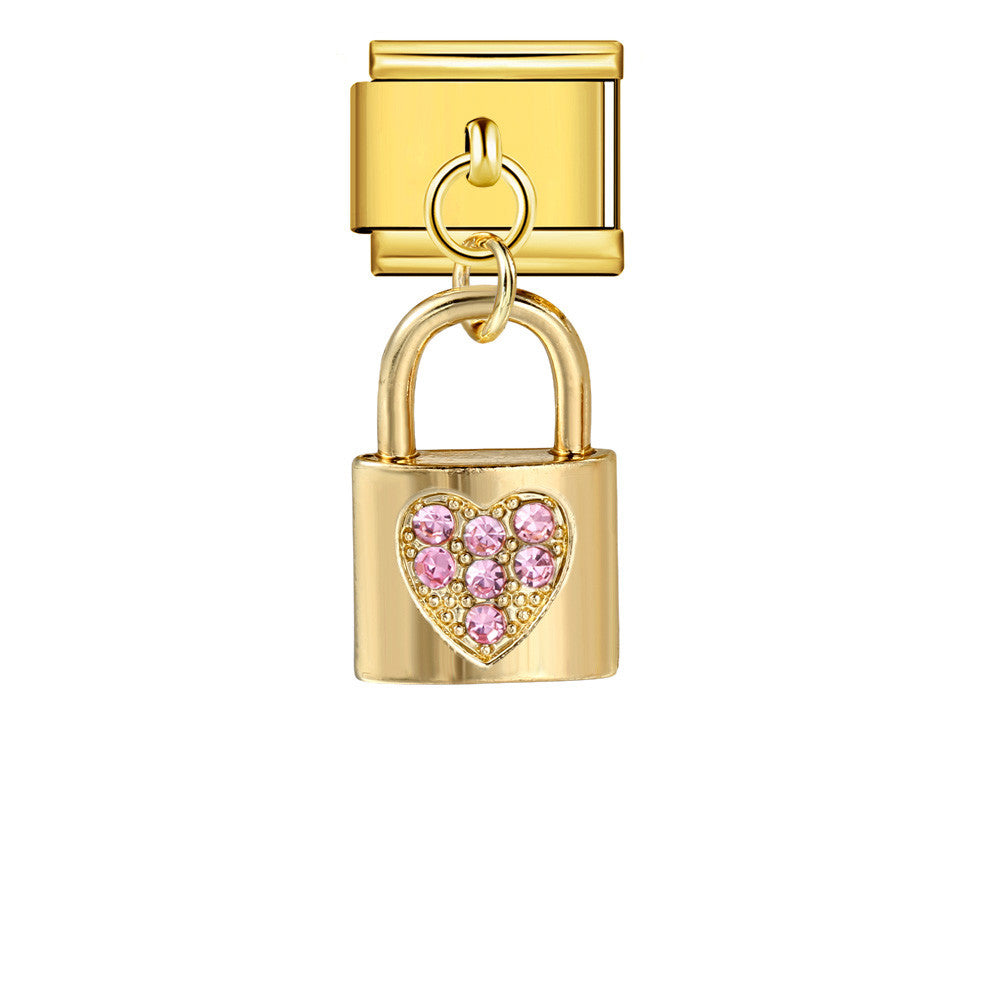 Gold padlock charm with pink heart-shaped stones on a white background
