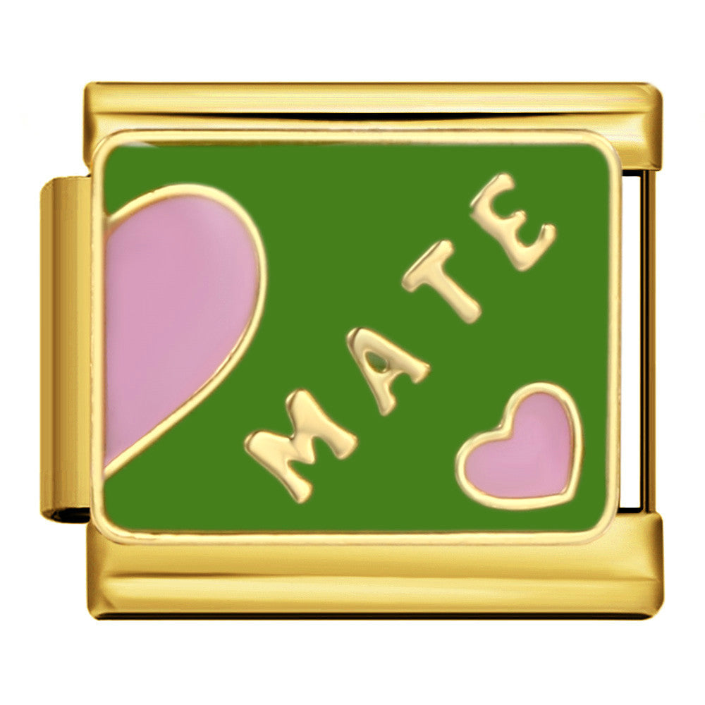 Gold charm with 'MATE' on a green background