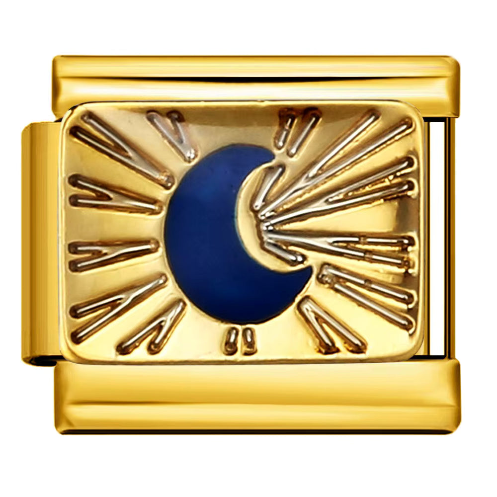 Gold belt buckle with blue center and sunburst design on a white background