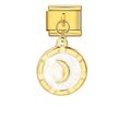 Gold charm with a white crescent moon design on a white background