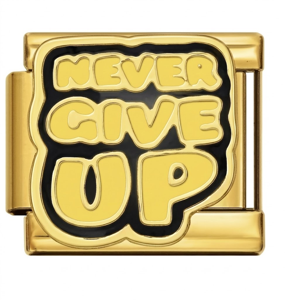 Gold and black motivational buckle with 'Never Give Up' text on a white background