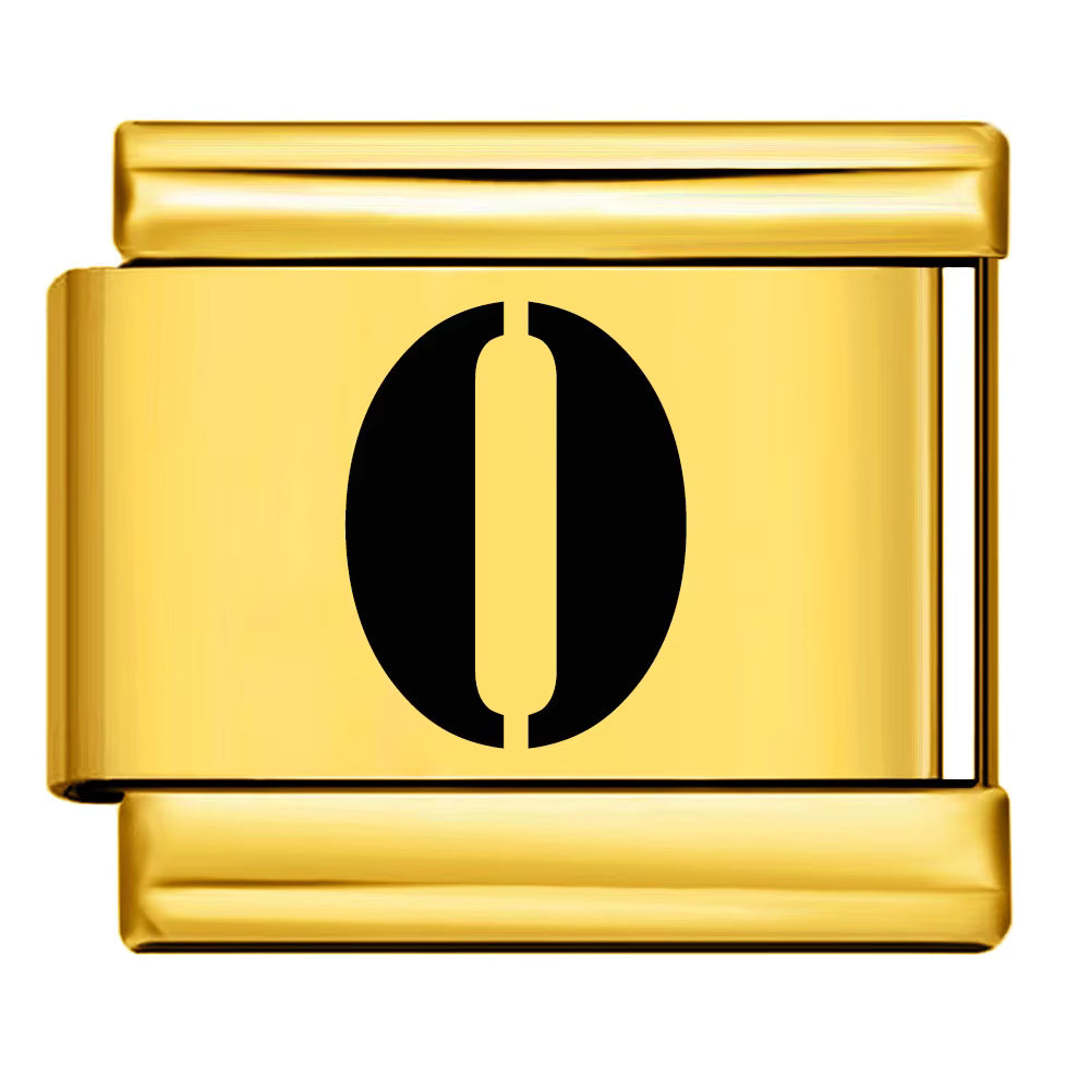 Gold charm with a black number 'O' on a white background