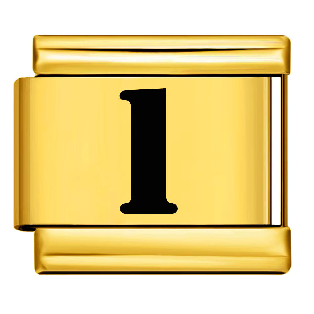 Gold charm with the number 'I' on a white background