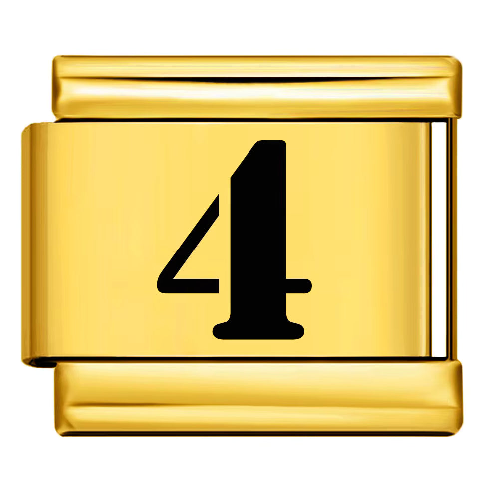 Gold charm with the number 4 on a white background