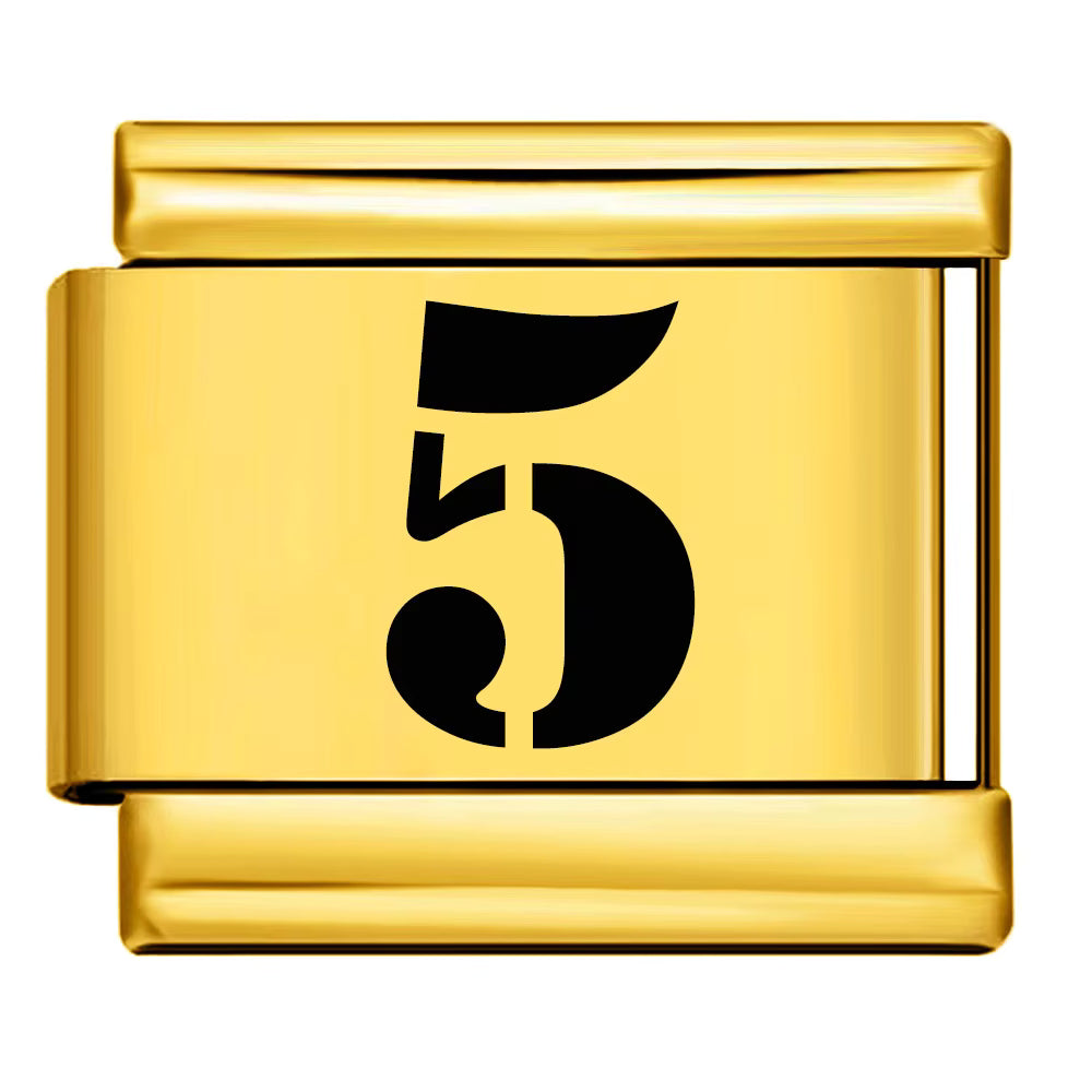 Gold charm with a black number '5' on a white background