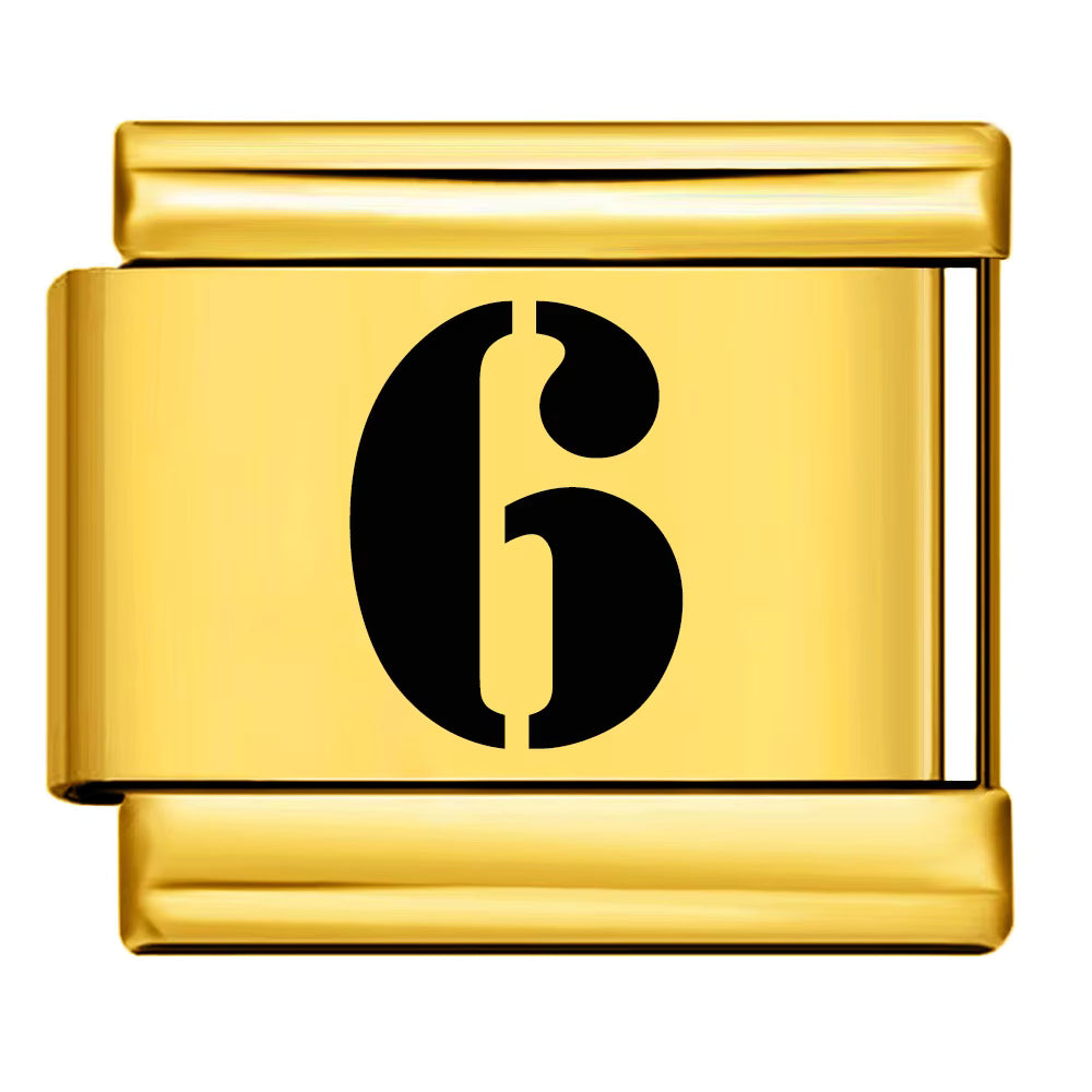 Gold charm with the number 6 on a white background