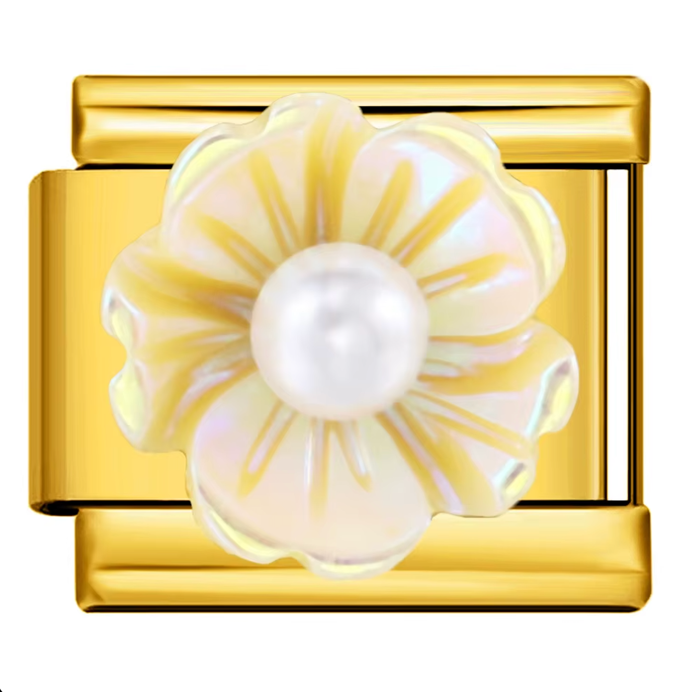 Gold charm with a pearl and floral design on a white background