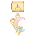 Gold charm with a pink and blue crescent moon and star design on a white background