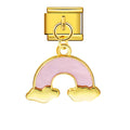 Gold charm with a pink crescent moon design on a white background