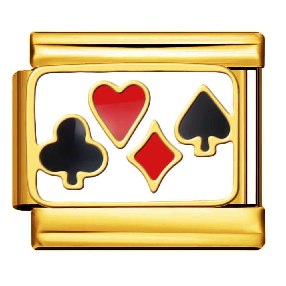 gold charm with red hearts, black clubs, and red diamonds on a white background