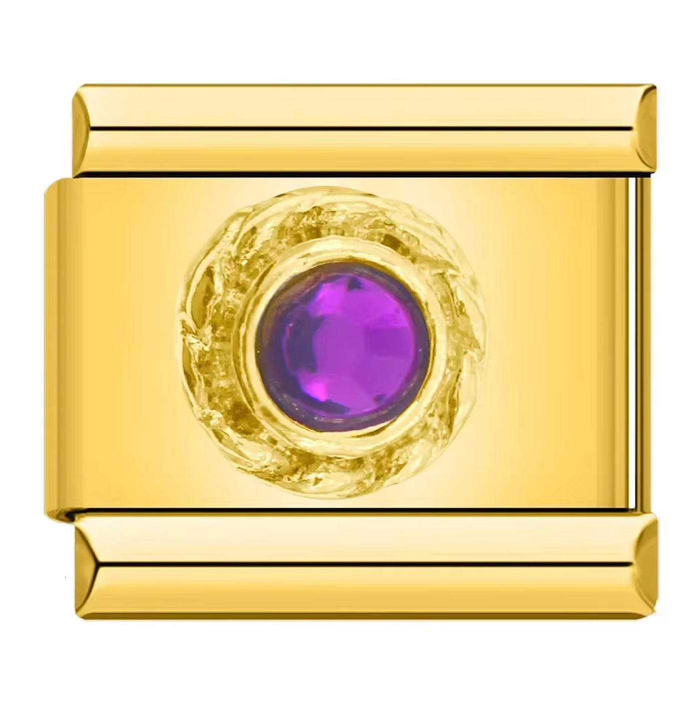 Gold charm with a purple gemstone on a white background