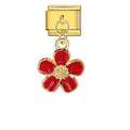 Gold charm with a red flower pendant on a white background