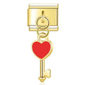 Gold key-shaped charm with a red heart on a white background