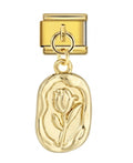 Gold charm with a tulip design on a white background