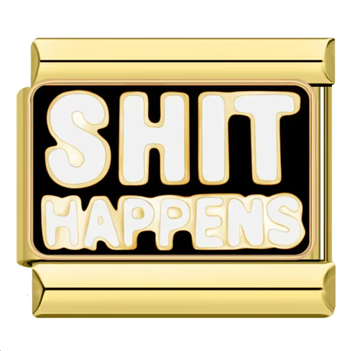 gold charm with shit happens letter