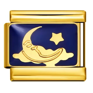 Gold charm with moon, star, and cloud design on a blue background