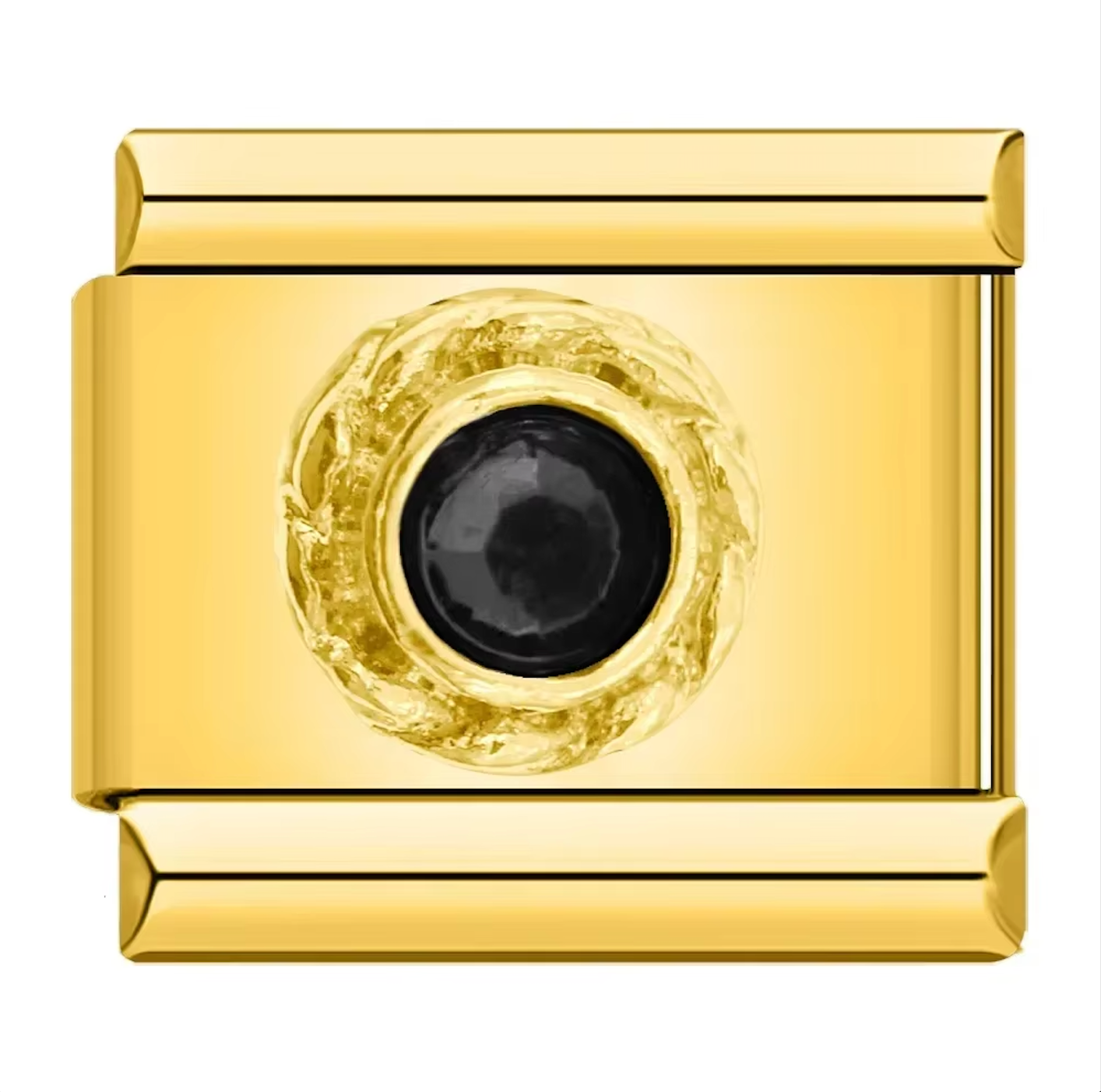 Gold charm with a central black gemstone on a white background