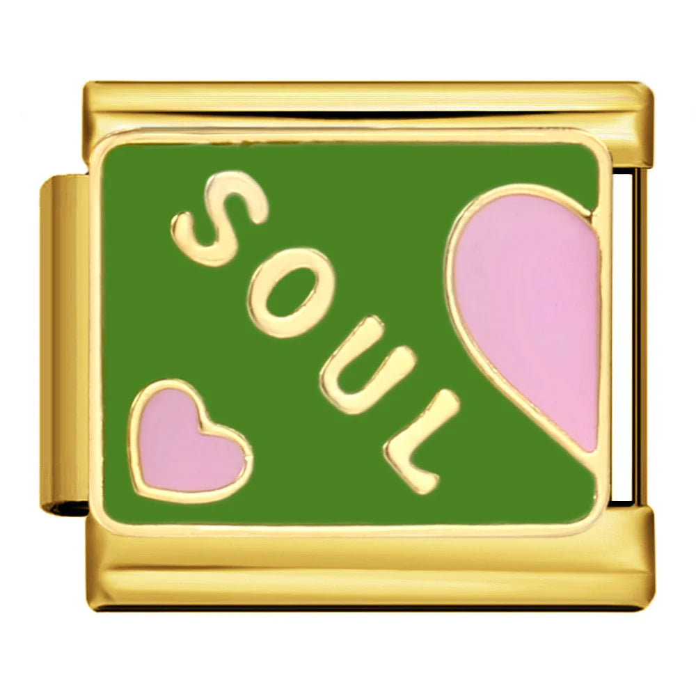 Gold charm with 'Soul' and pink hearts on a green background