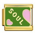 Gold charm with 'Soul' and pink hearts on a green background