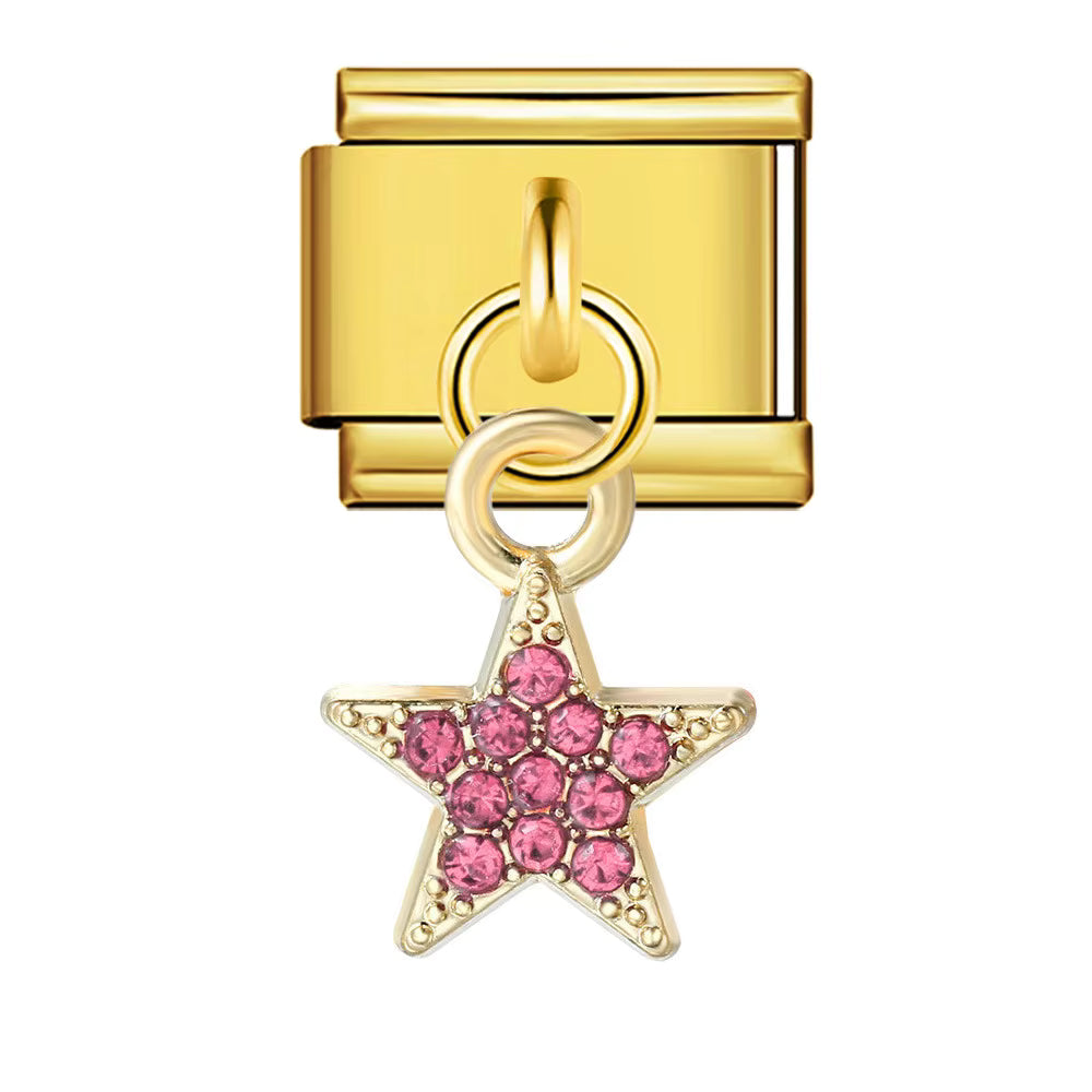Gold charm with a pink star-shaped pendant on a white background