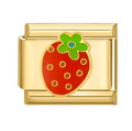 Gold charm with a red strawberry design on a white background