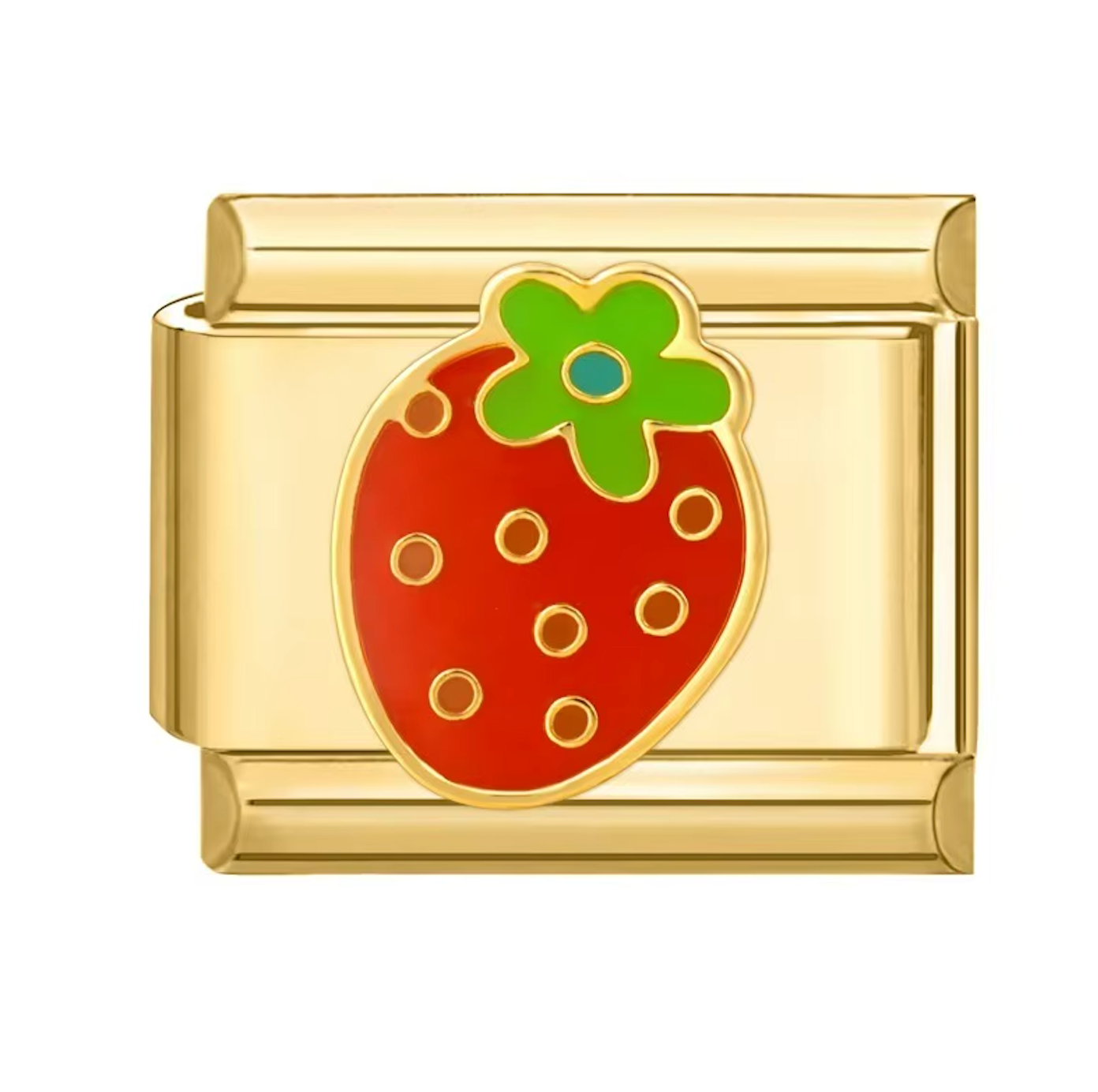 Gold charm with a red strawberry design on a white background