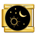 Gold charm with sun, moon, and stars design on a black background