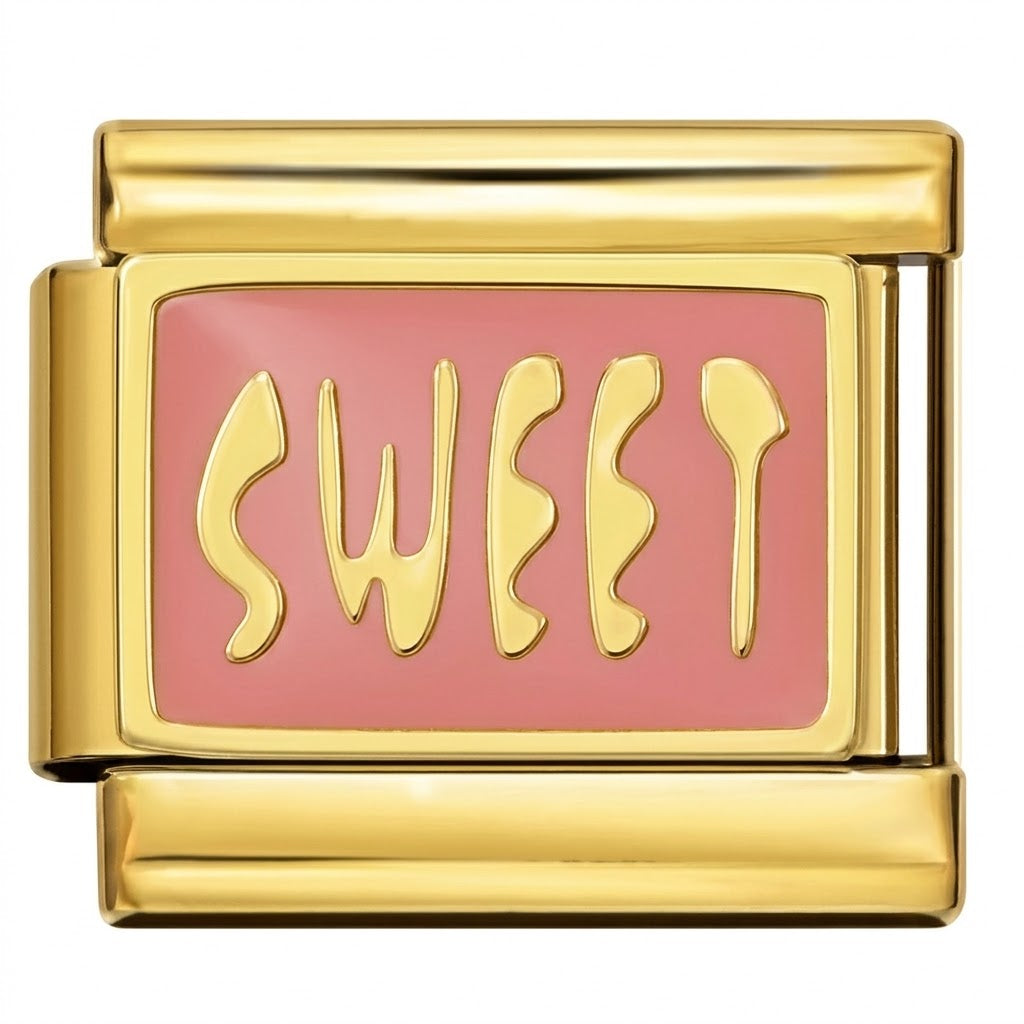 Pink blush compact with gold accents and the word 'SWEET' on a white background