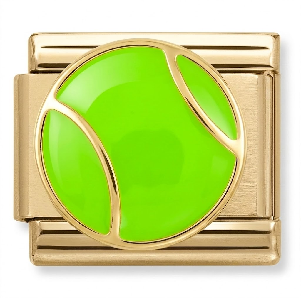 Gold charm with a bright green heart on a white background
