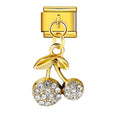 Gold charm with a cherry design featuring crystals on a white background
