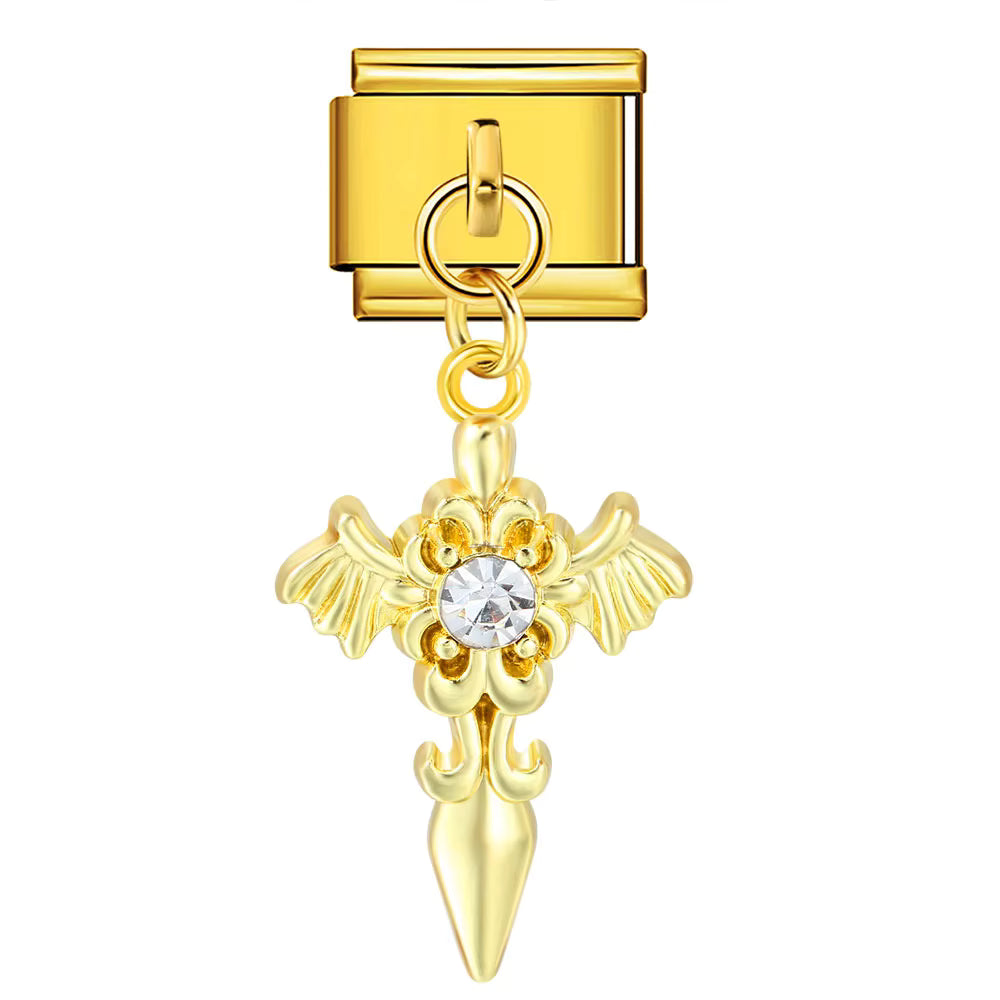 Winged Cross Black Crystal Dangle Charm
