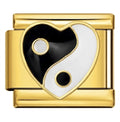 Gold charm with a heart design featuring black, white, and gold elements on a white background