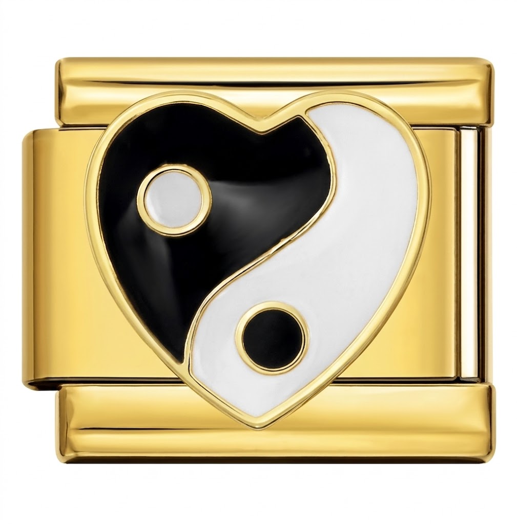 Gold charm with a heart design featuring black, white, and gold elements on a white background