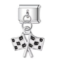 Silver charm with checkered flags on a white background