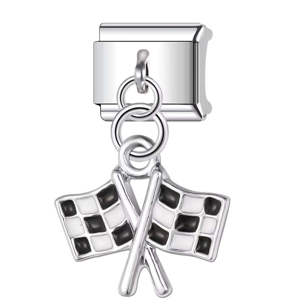 Silver charm with checkered flags on a white background