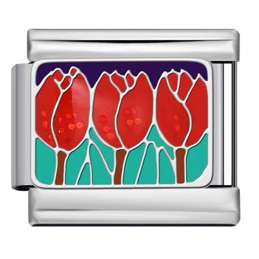 Silver charm with red tulips on a white background