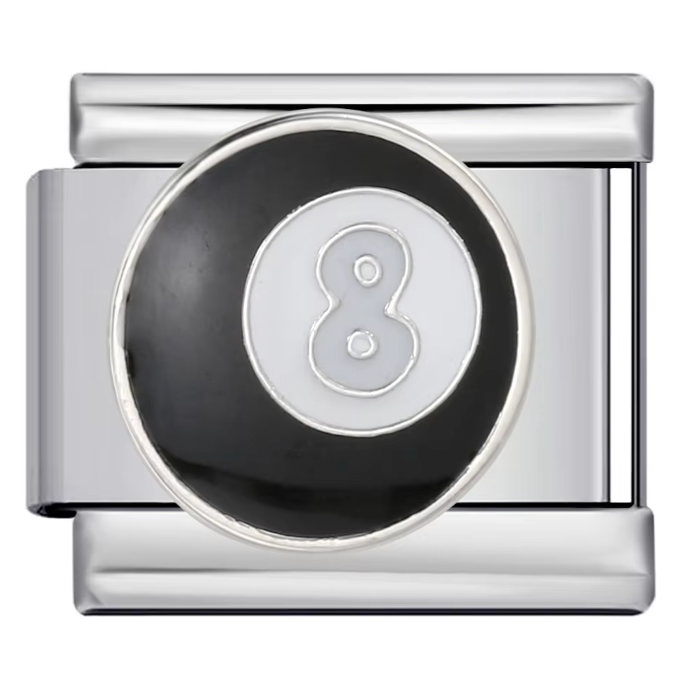 Silver charm with a black center and number 8 design on a white background