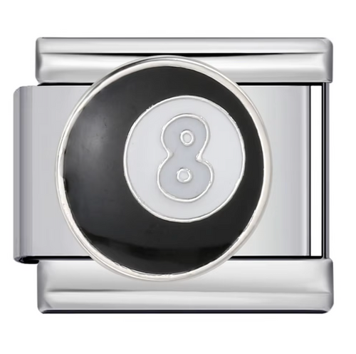 Silver charm with a black center and number 8 design on a white background