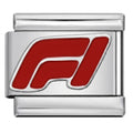 Silver charm with a red logo on a white background
