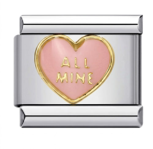 Heart-shaped charm with 'ALL MINE' text on a white background