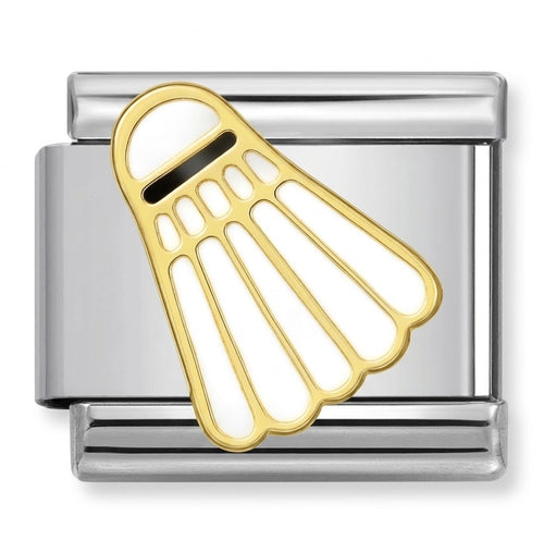 silver charm with a unique badminton design on a white background