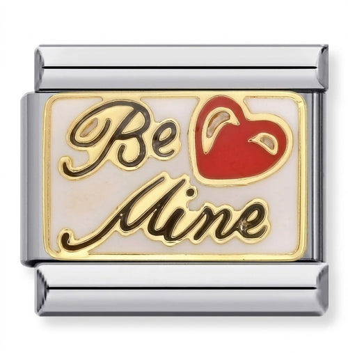 Silver charm with 'Be Mine' text and red heart on a white background
