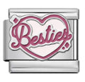 Silver charm with pink 'Besties' text inside a heart on a white background