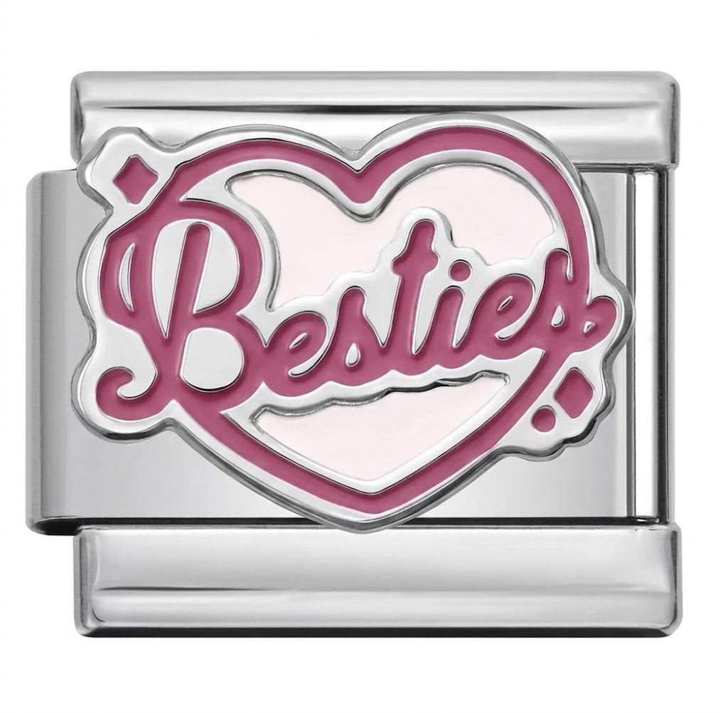 Silver charm with pink 'Besties' text inside a heart on a white background