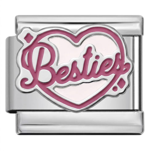 Silver charm with pink 'Besties' text inside a heart on a white background
