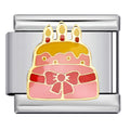 Silver charm with a pink cake design featuring candles on a white background