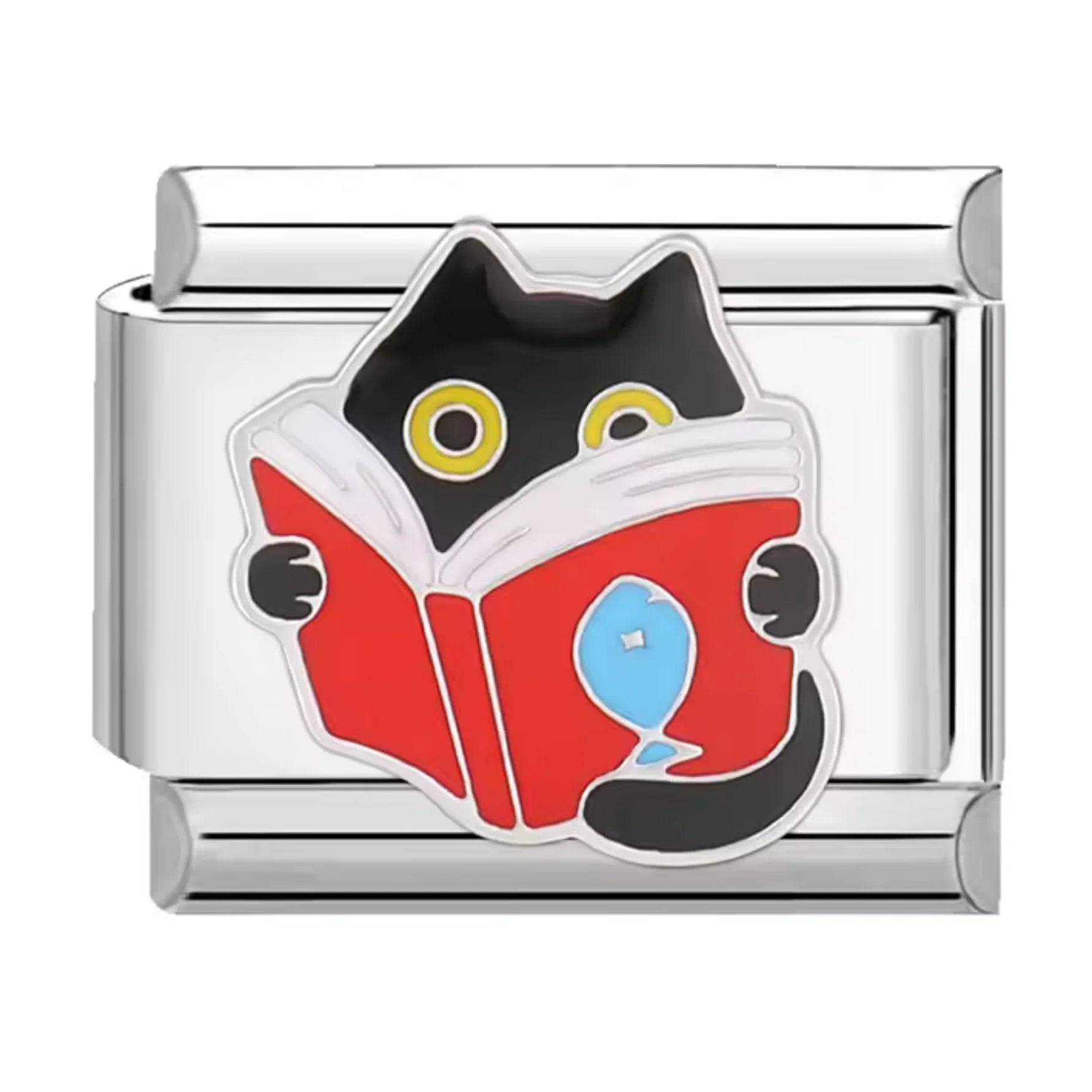 Silver charm with a black cat design reading book on a white background
