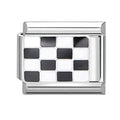 silver charm with checkered pattern on a white background