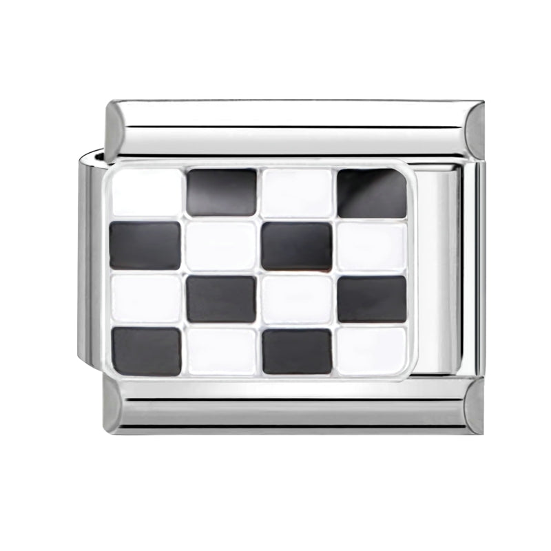 silver charm with checkered pattern on a white background
